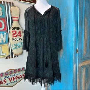 Elie Tahari Black and Green Silk Bell Sleeve Dress